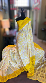 Cream and Yellow Ikkat Pure Silk