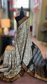 Ivory Black Ikkat Pure SIlk Handloom