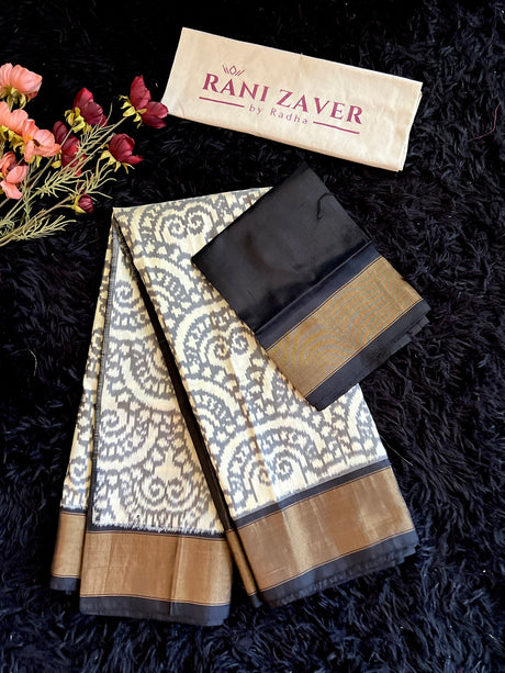 Ivory Black Ikkat Pure SIlk Handloom