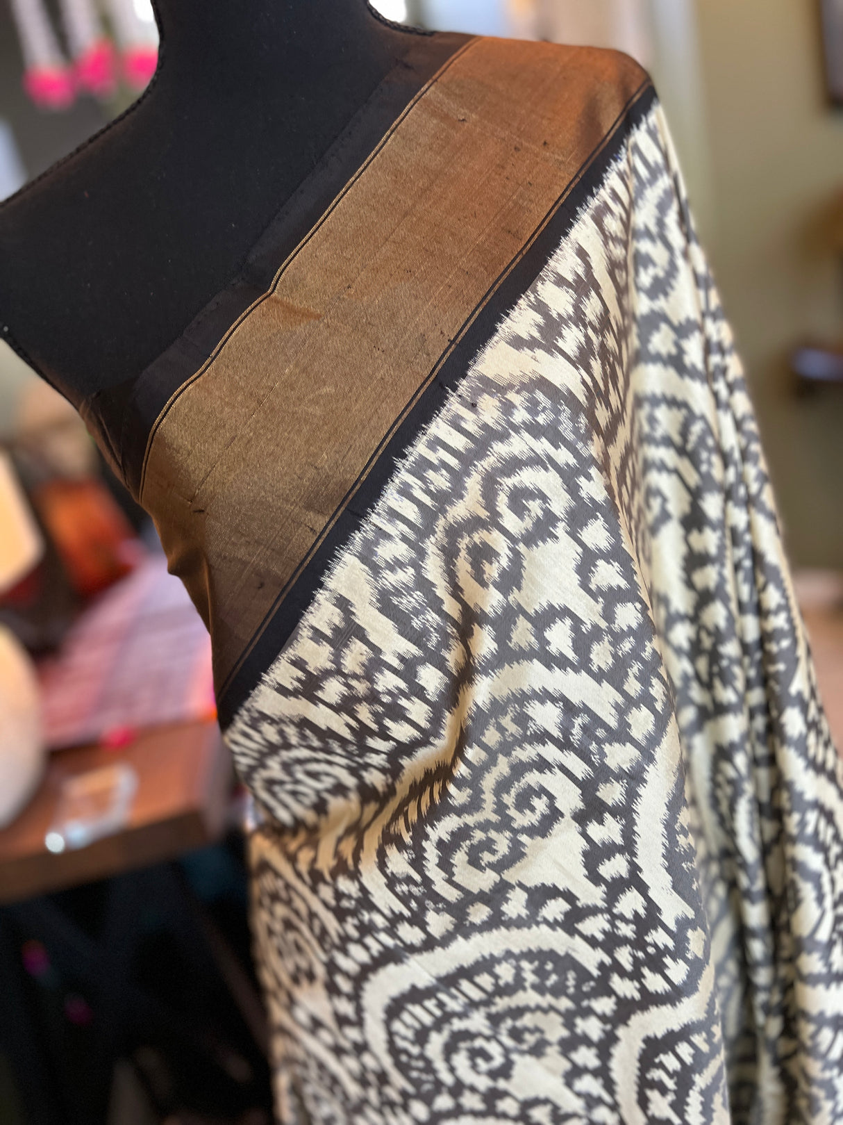 Ivory Black Ikkat Pure SIlk Handloom