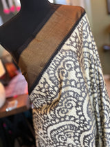 Ivory Black Ikkat Pure SIlk Handloom