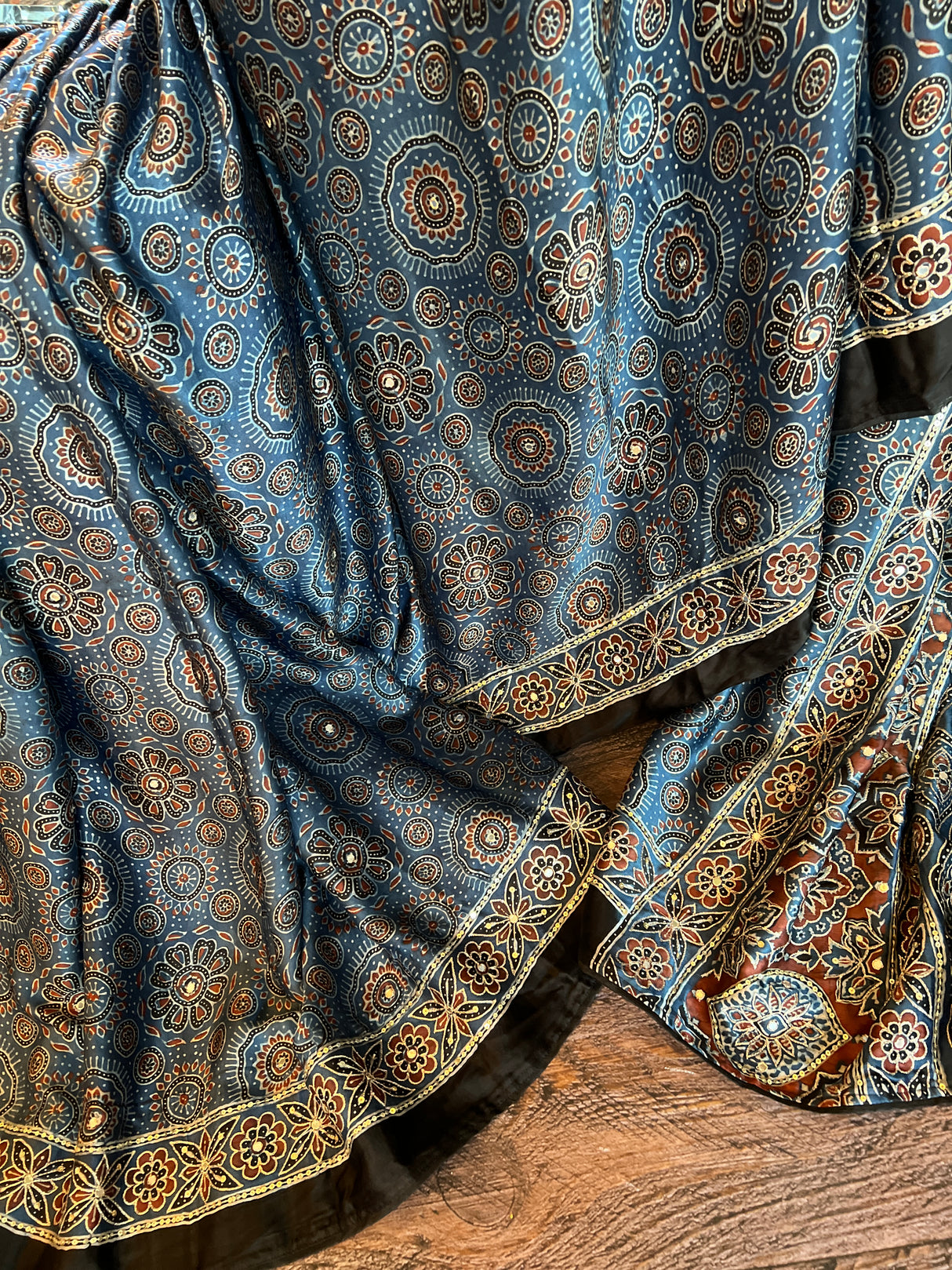 Ajrakh on Modal Silk With Mirror embroidery