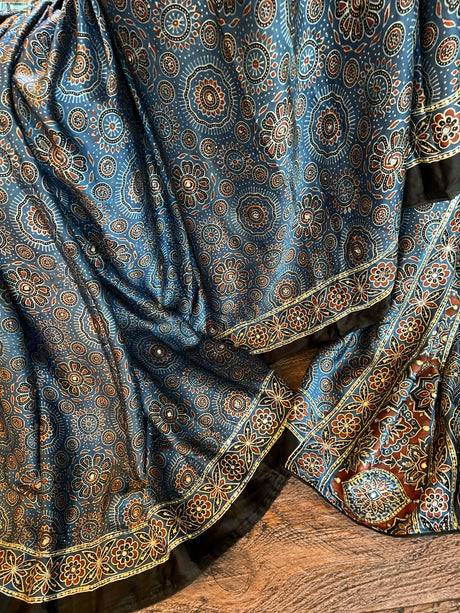 Ajrakh on Modal Silk With Mirror embroidery
