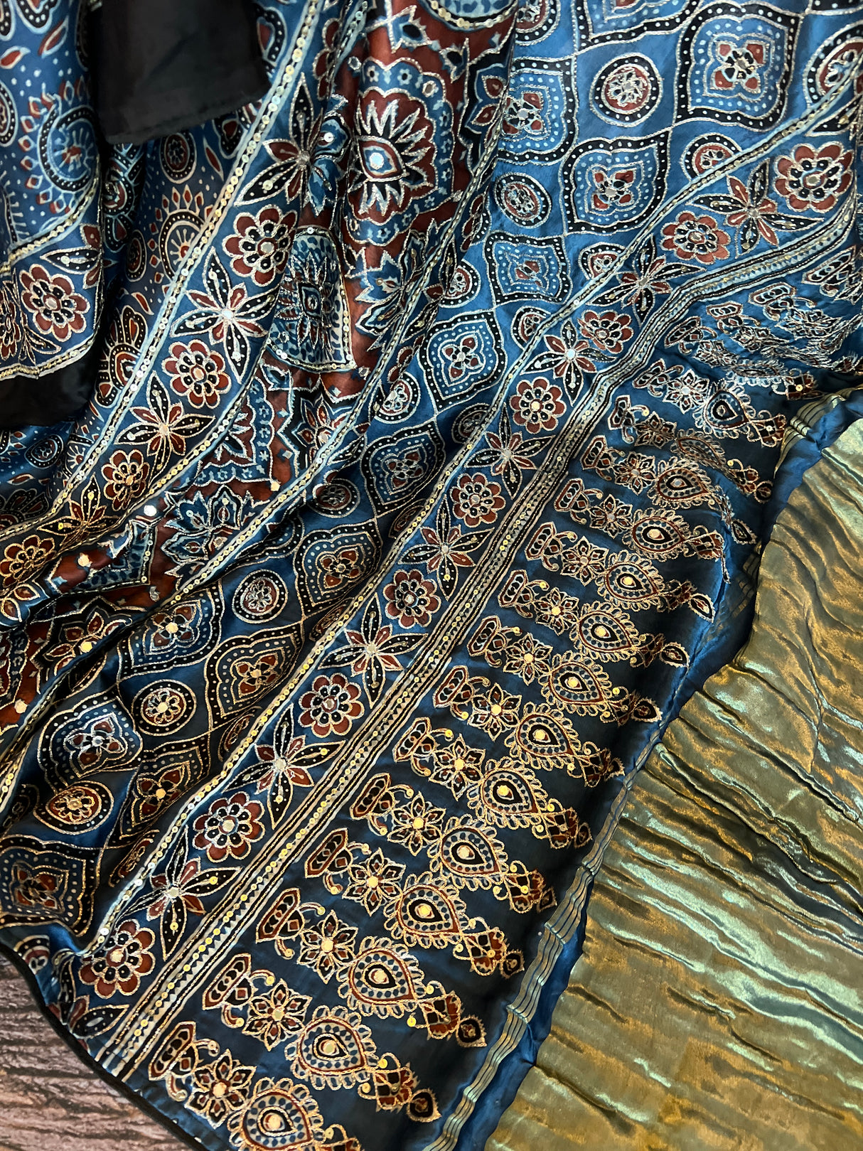Ajrakh on Modal Silk With Mirror embroidery
