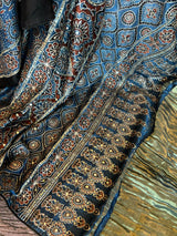 Ajrakh on Modal Silk With Mirror embroidery