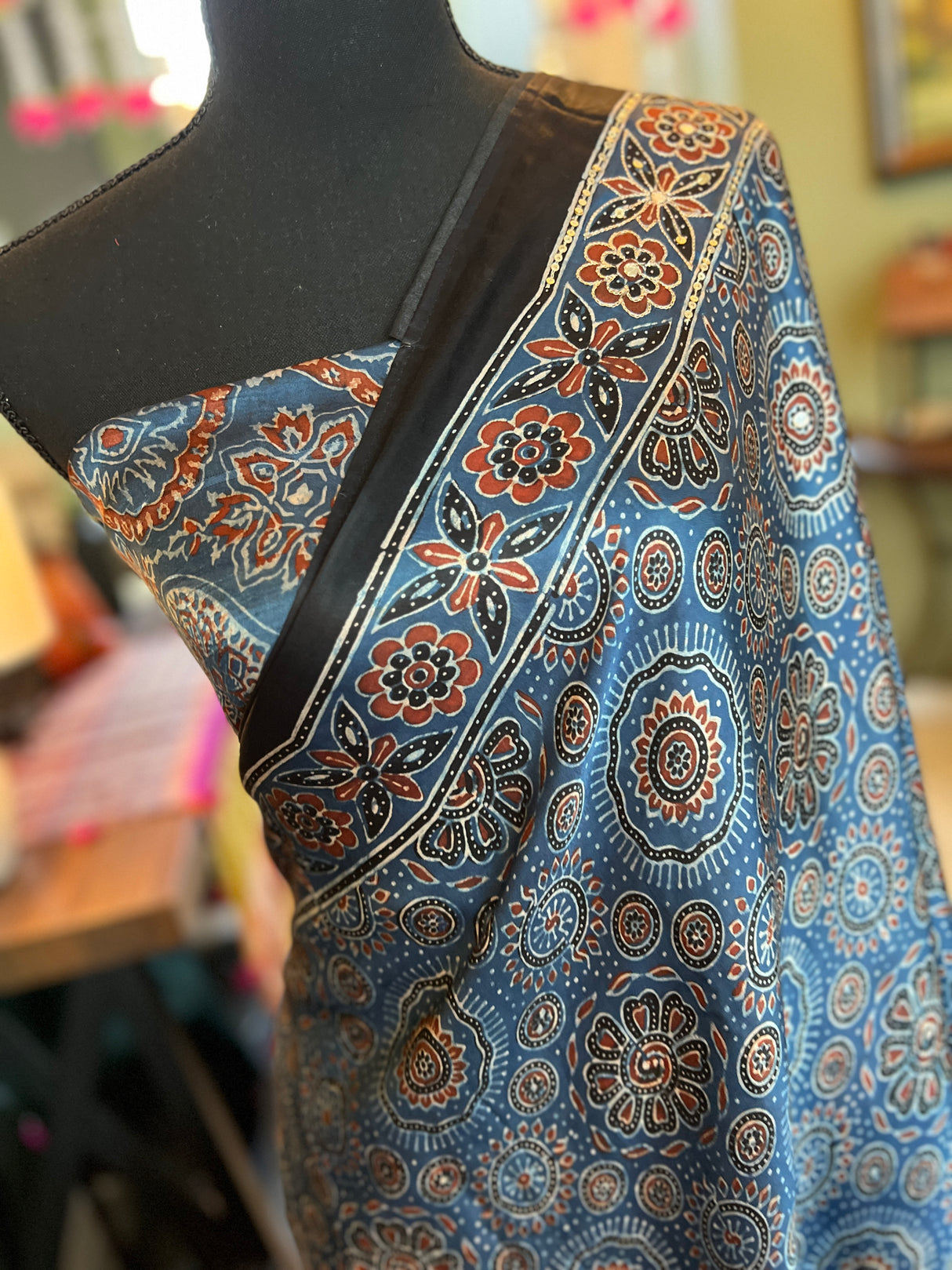 Ajrakh on Modal Silk With Mirror embroidery