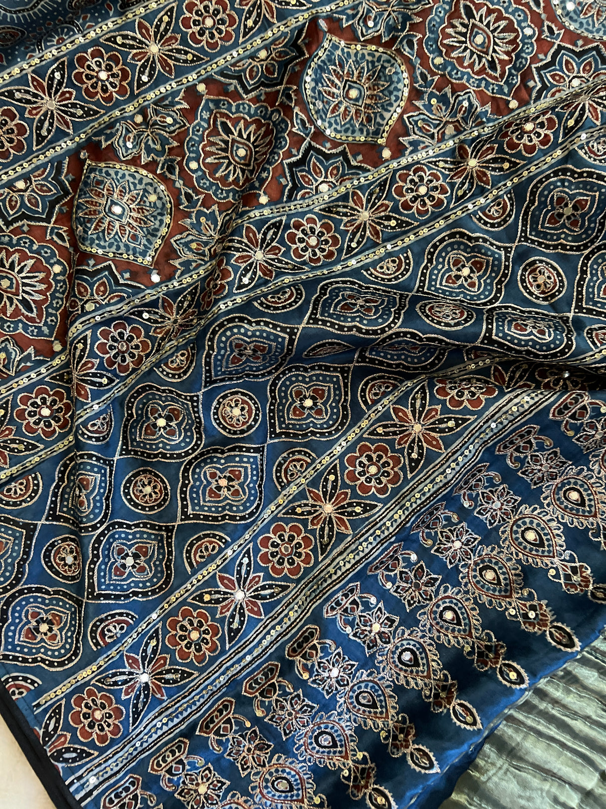 Ajrakh on Modal Silk With Mirror embroidery