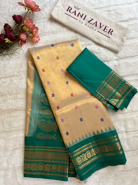 Gold With Teal Tissue Gadwal Pure SIlk Handloom