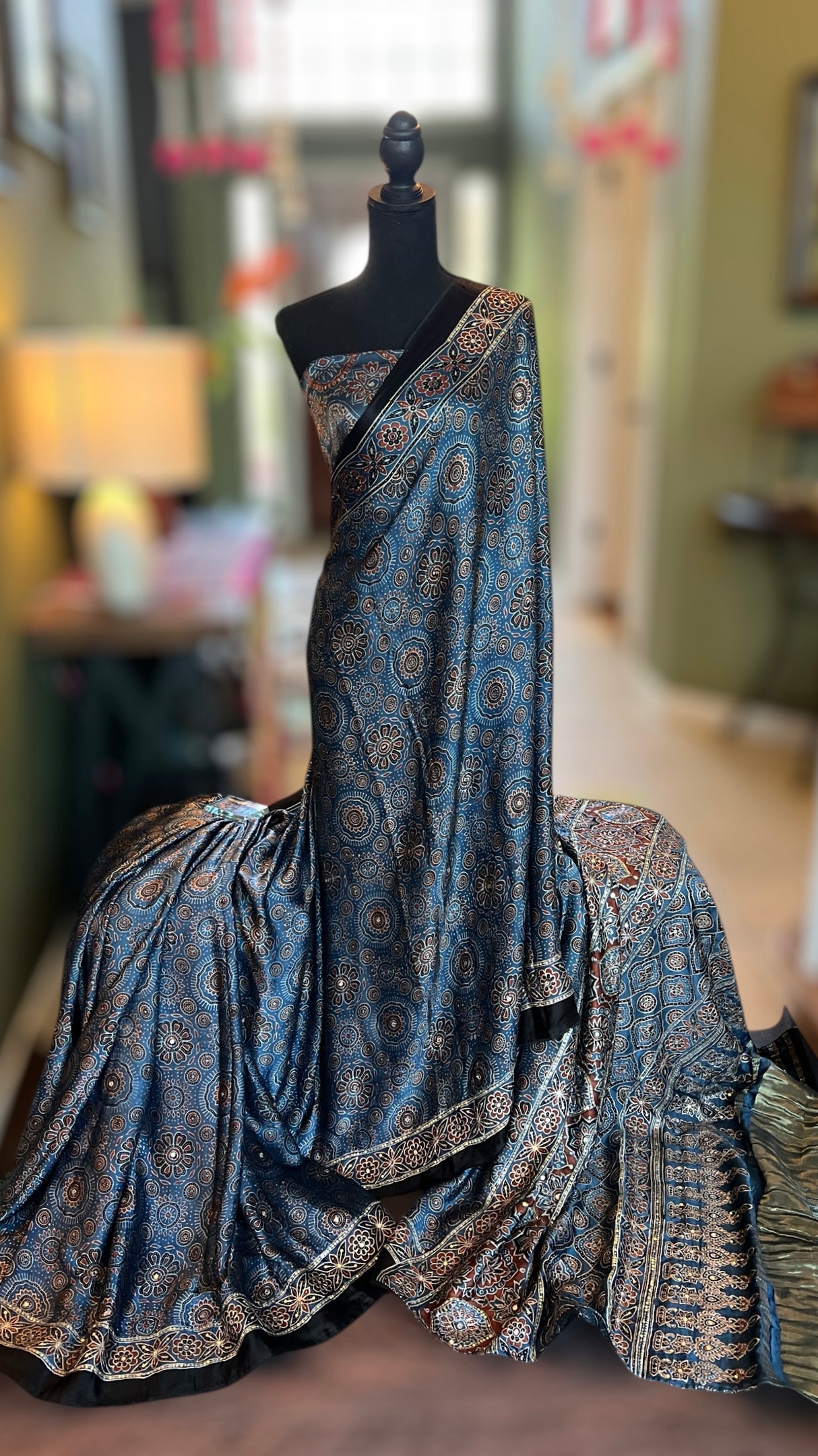 Ajrakh on Modal Silk With Mirror embroidery