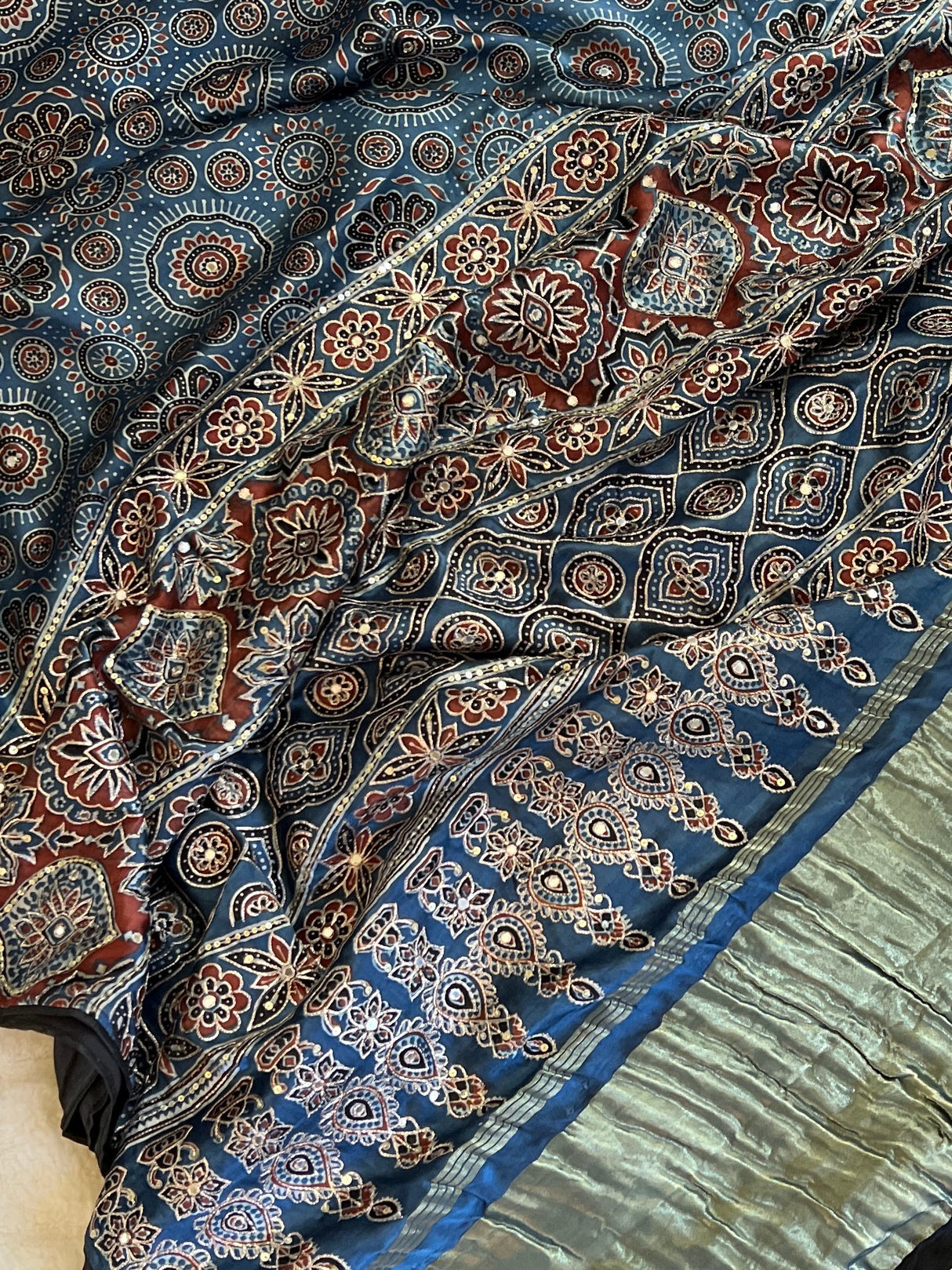 Ajrakh on Modal Silk With Mirror embroidery