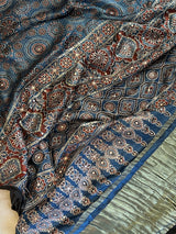 Ajrakh on Modal Silk With Mirror embroidery