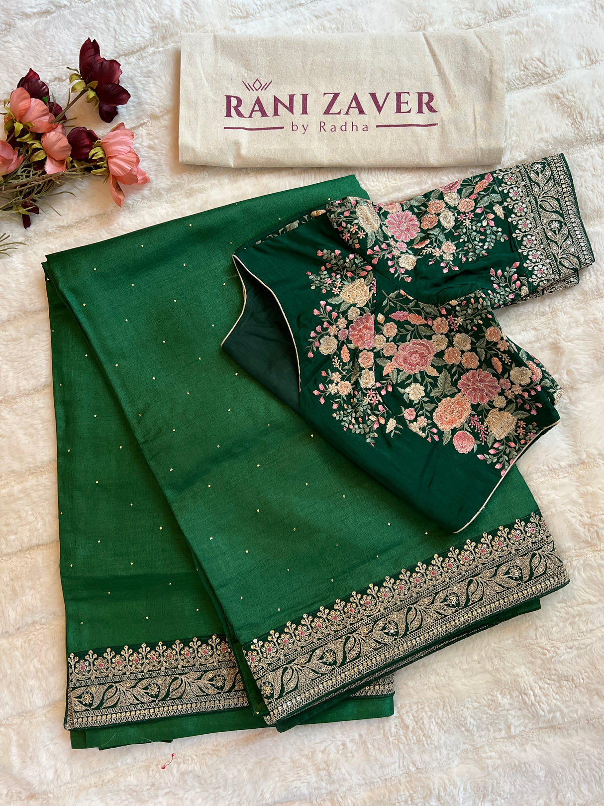 Handwoven green Tussar silk saree with ornate blouse embroidery
