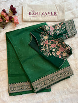Handwoven green Tussar silk saree with ornate blouse embroidery