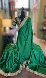 Green Tussar silk saree with heavy embroidered blouse