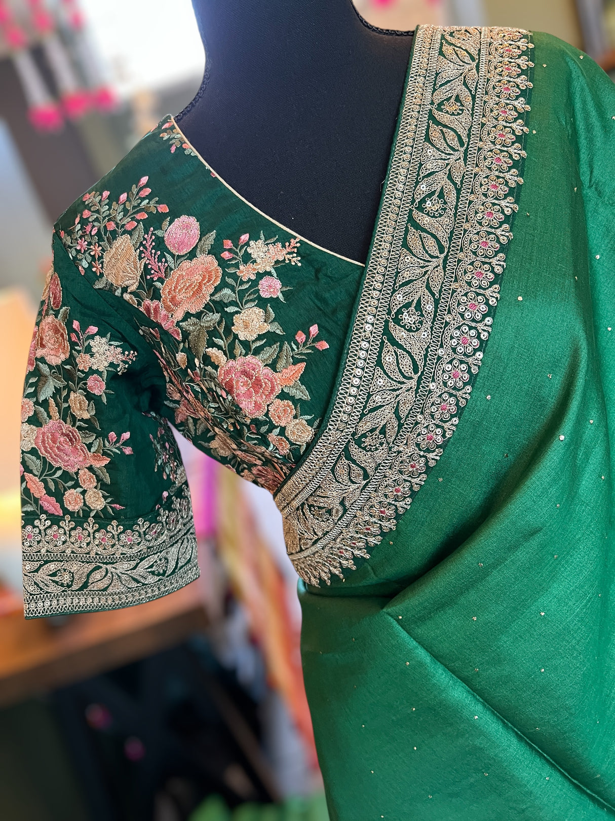Designer green Tussar silk saree with detailed embroidery blouse