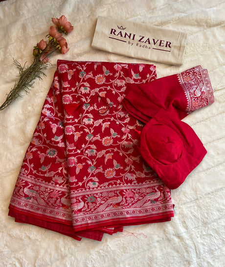 Raspberry Red color Shikargah Banaras Tussar Georgette Saree with Pre-Stitched Blouse AUS