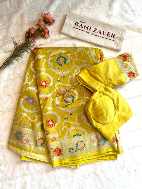 Chartreuse Color Banaras Tussar Georgette Saree with Pre-Stitched Blouse AUS