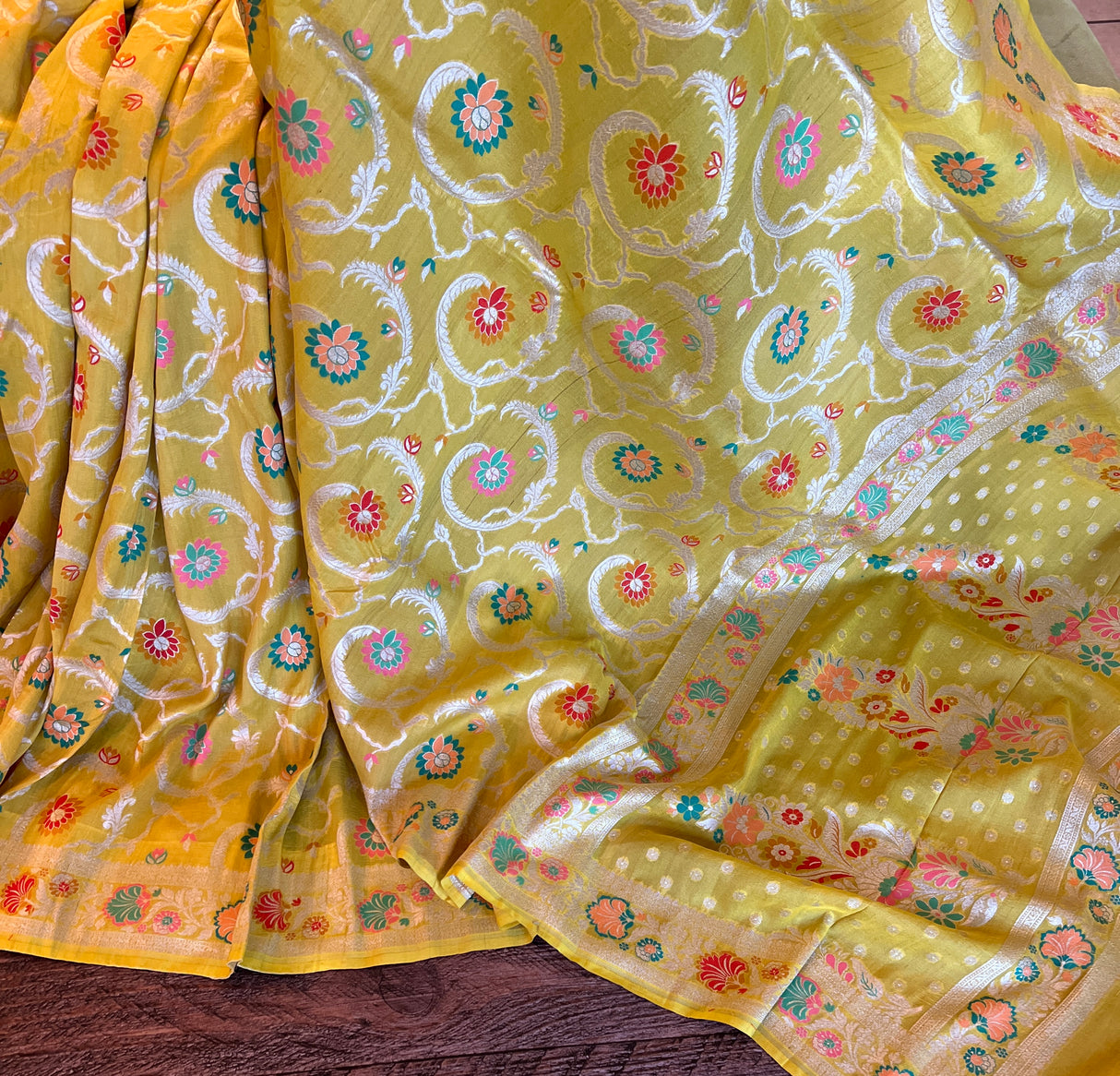 Chartreuse Color Banaras Tussar Georgette Saree with Pre-Stitched Blouse AUS