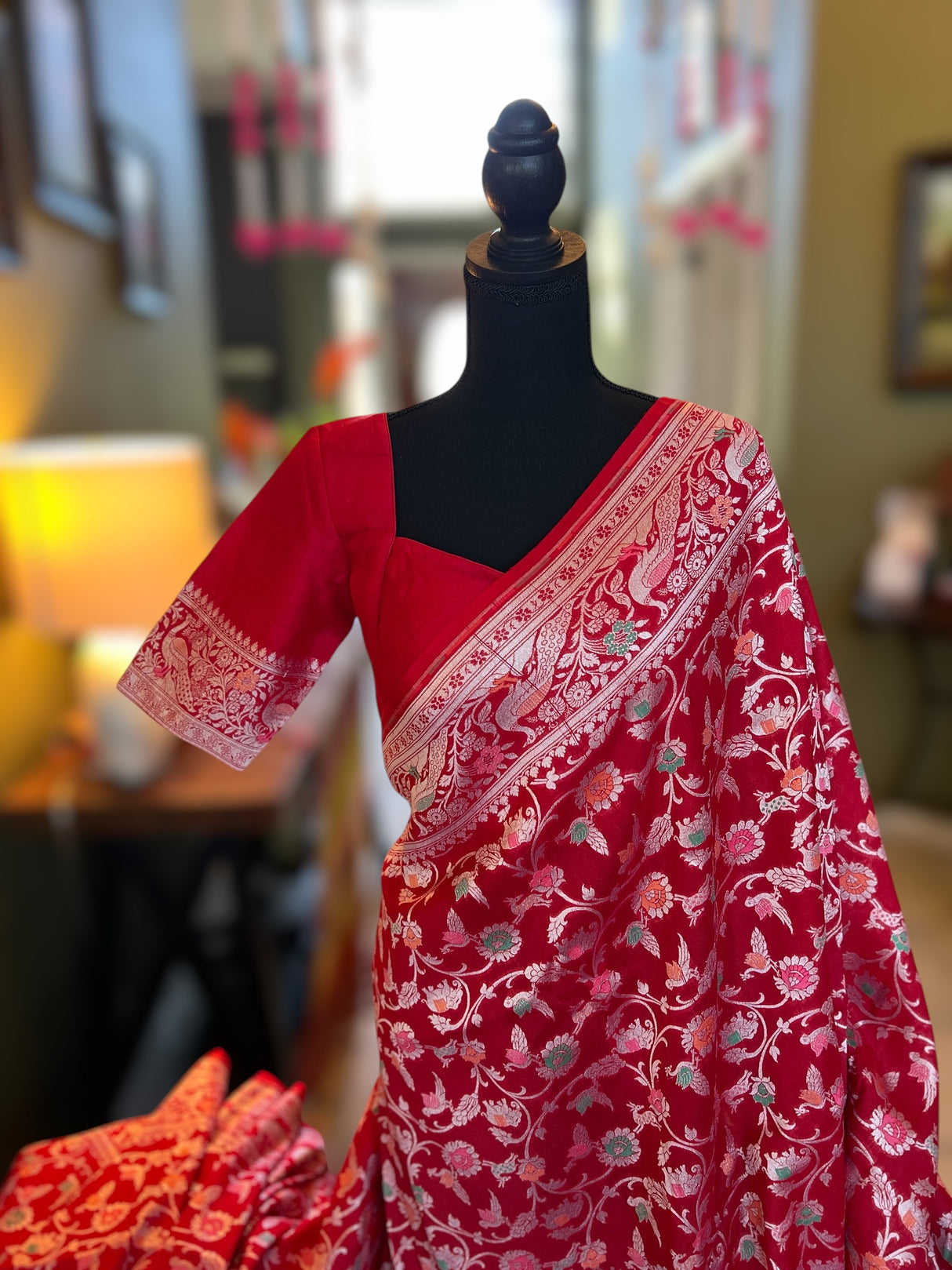 Raspberry Red color Shikargah Banaras Tussar Georgette Saree with Pre-Stitched Blouse AUS