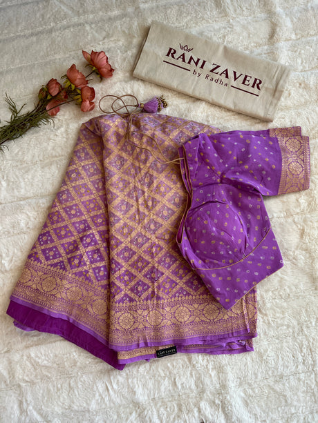 Banarasi Khaddi Georgette with Rai Bandhej with Pre-Stitched Blouse AUS