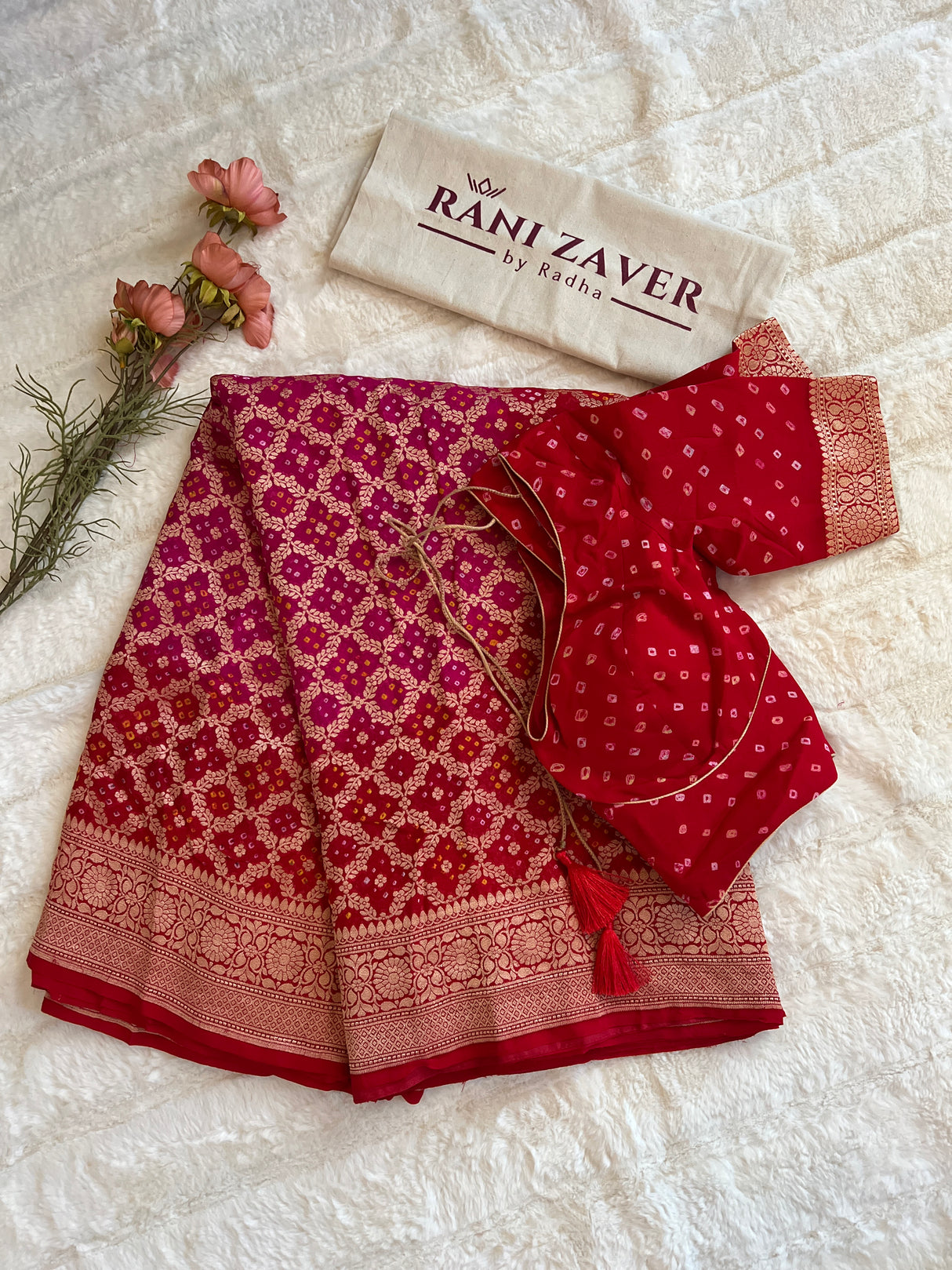 Banarasi Khaddi Georgette with Rai Bandhej with Pre-Stitched Blouse AUS