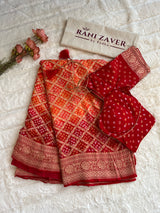 Banarasi Khaddi Georgette with Rai Bandhej with Pre-Stitched Blouse AUS