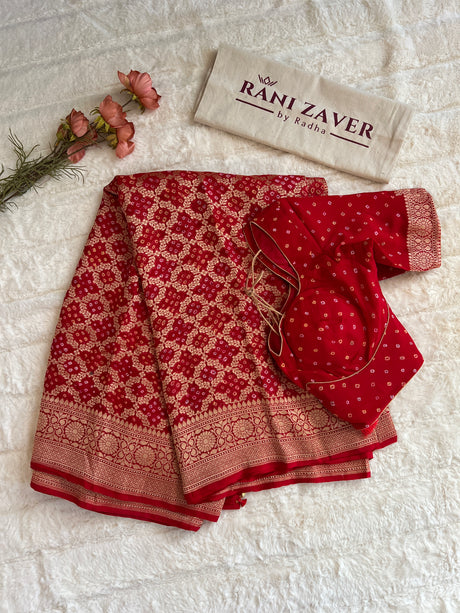 Banarasi Khaddi Georgette with Rai Bandhej with Pre-Stitched Blouse AUS