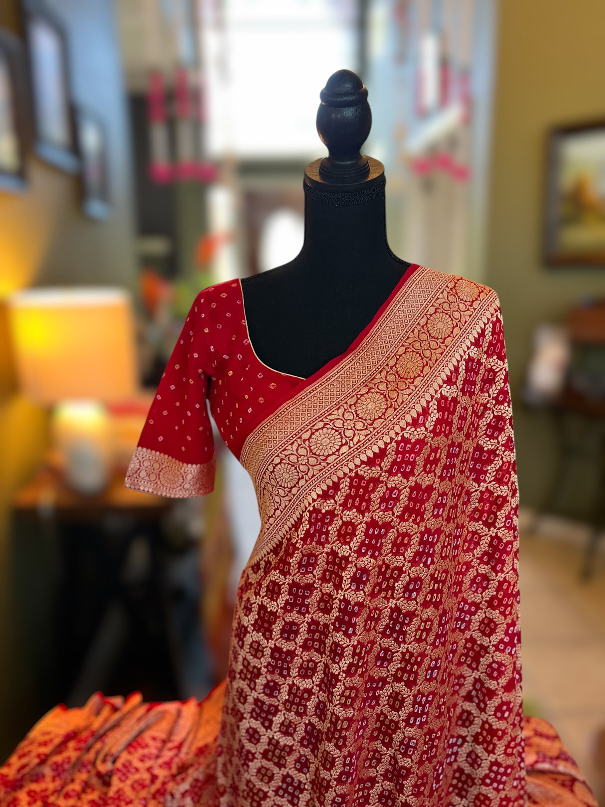 Banarasi Khaddi Georgette with Rai Bandhej with Pre-Stitched Blouse AUS