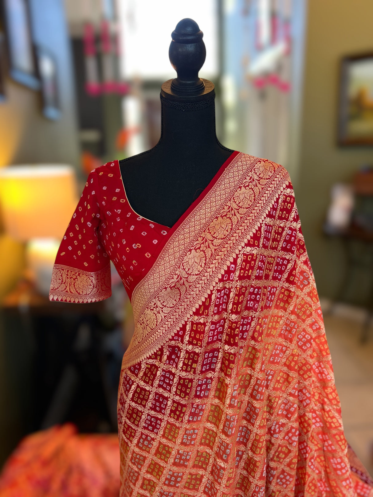 Banarasi Khaddi Georgette with Rai Bandhej with Pre-Stitched Blouse AUS