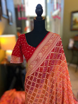 Banarasi Khaddi Georgette with Rai Bandhej with Pre-Stitched Blouse AUS