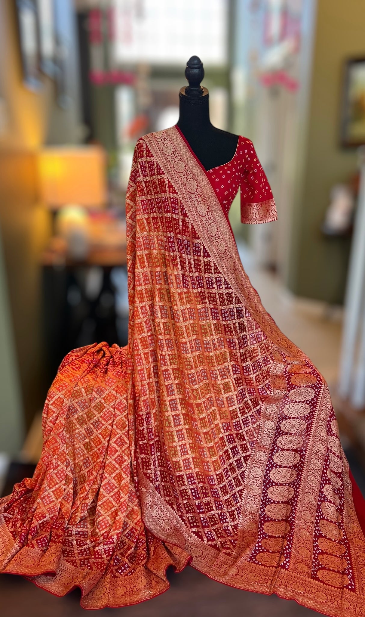 Banarasi Khaddi Georgette with Rai Bandhej with Pre-Stitched Blouse AUS