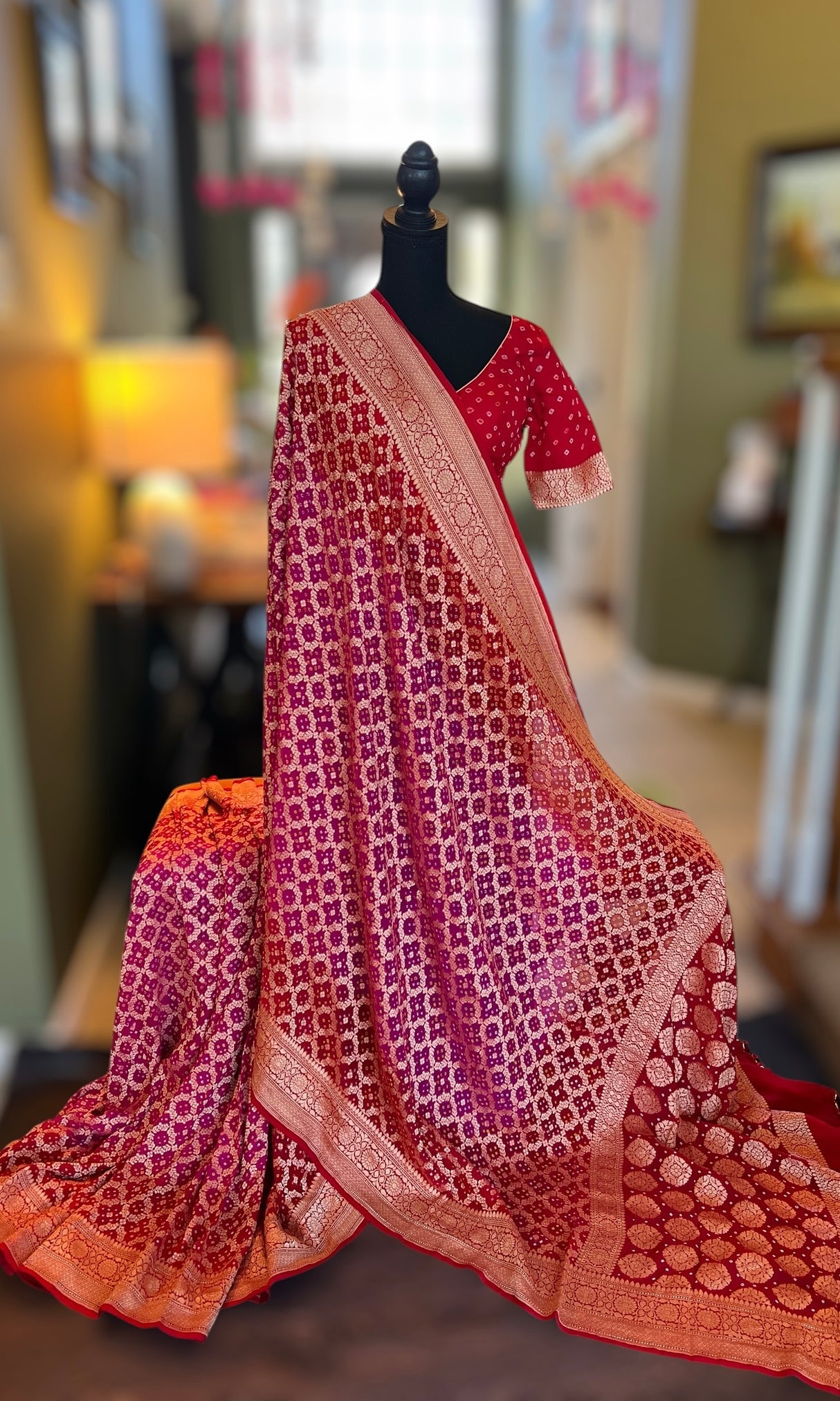 Banarasi Khaddi Georgette with Rai Bandhej with Pre-Stitched Blouse AUS