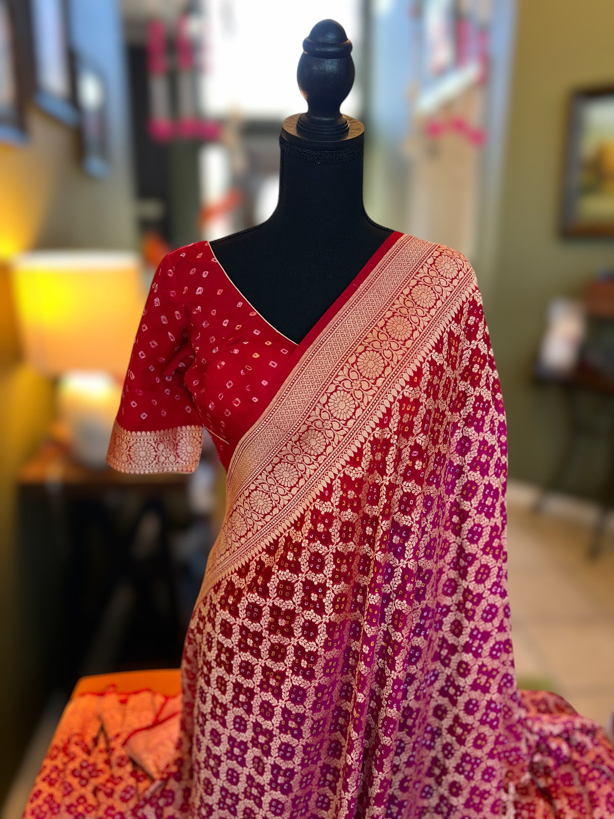 Banarasi Khaddi Georgette with Rai Bandhej with Pre-Stitched Blouse AUS