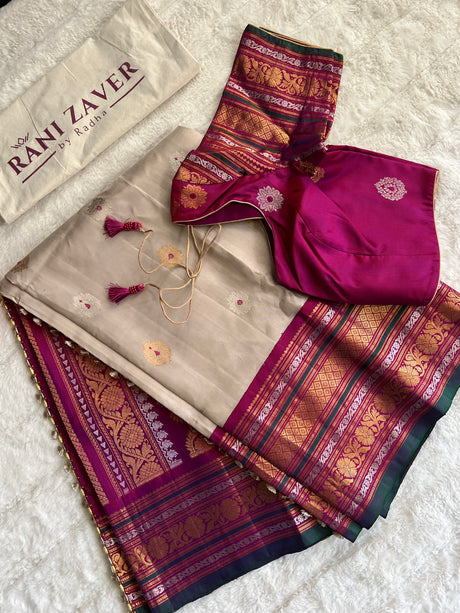 Beige with Purple/magenta Gadwal Handloom Pure Silk
