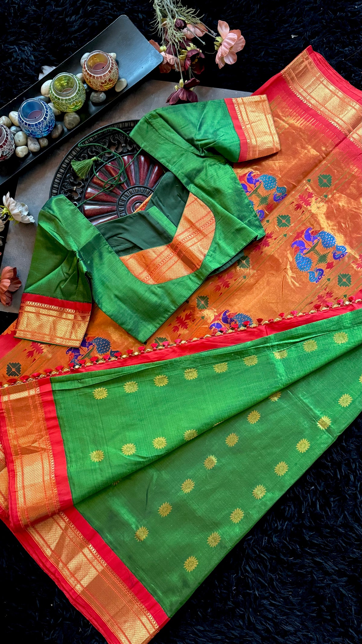 Green Red Maharani Paithani Handloom Pure Silk
