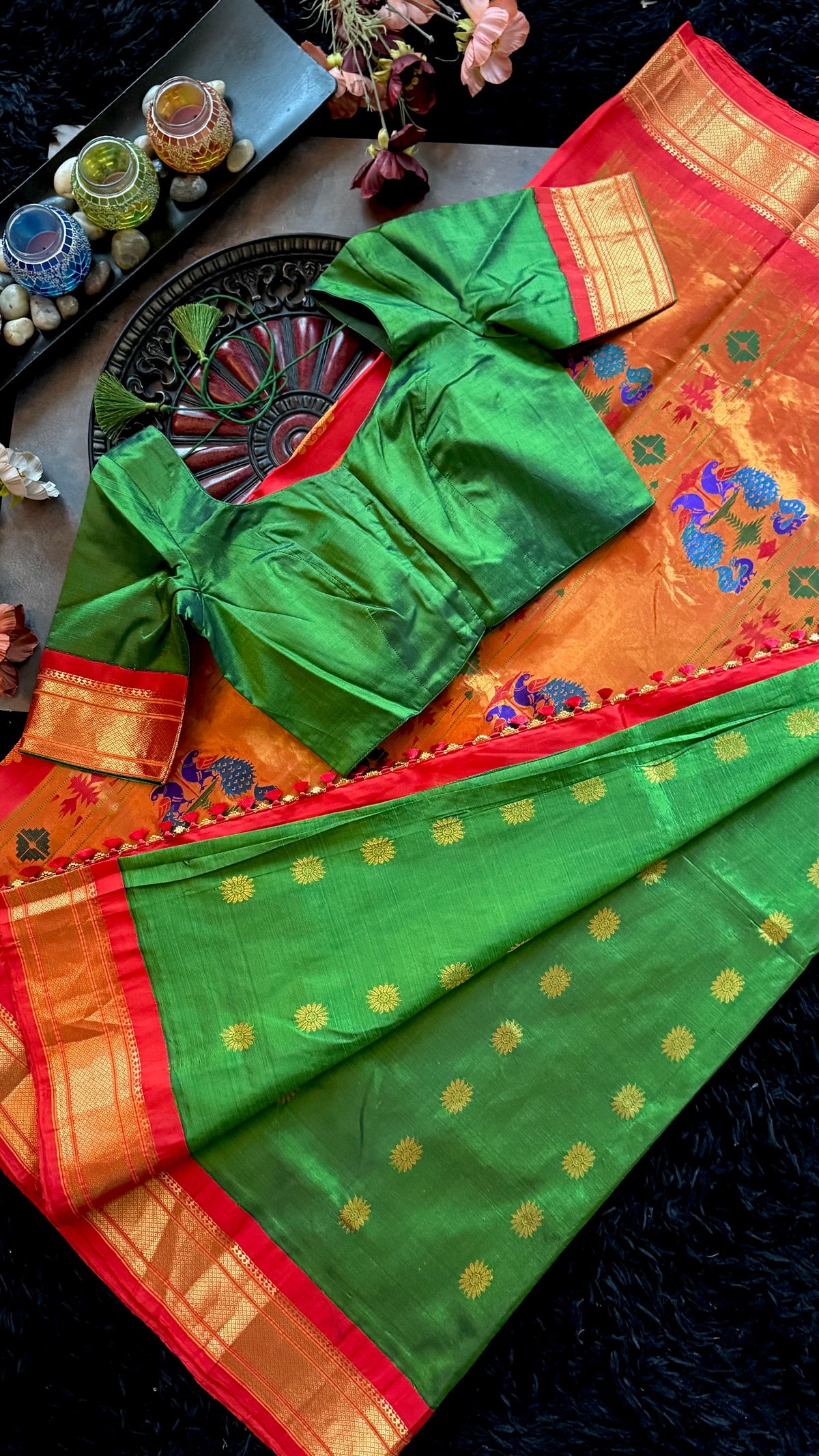 Green Red Maharani Paithani Handloom Pure Silk