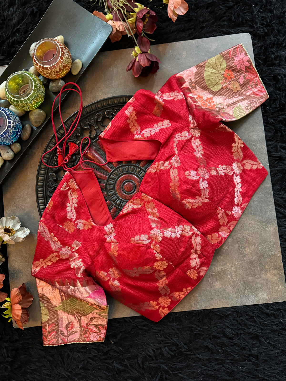 Red Tussar Silk With Paithani Inspired Border