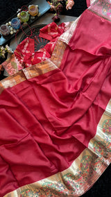 Red Tussar Silk With Paithani Inspired Border