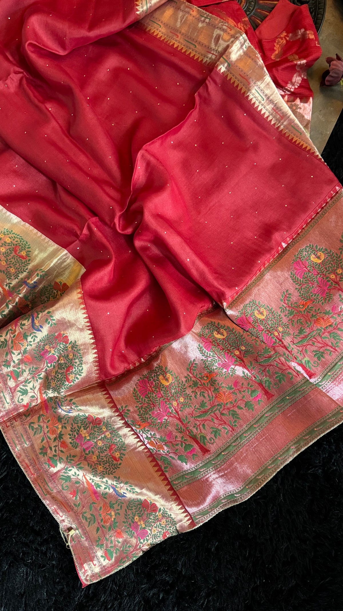Red Tussar Silk With Paithani Inspired Border