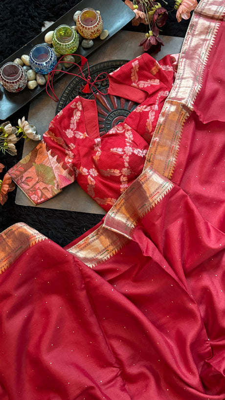 Red Tussar Silk With Paithani Inspired Border