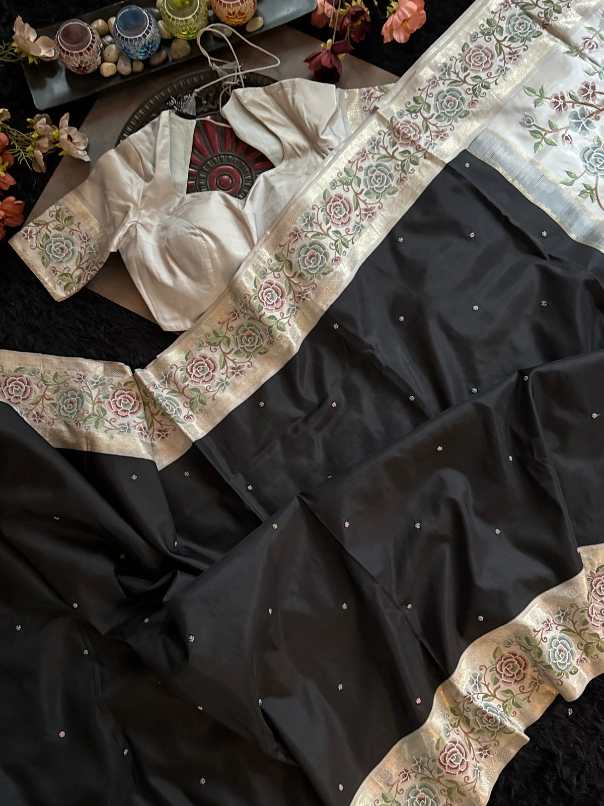 Black Korvai Kanchipuram Gap Border Embroidery
