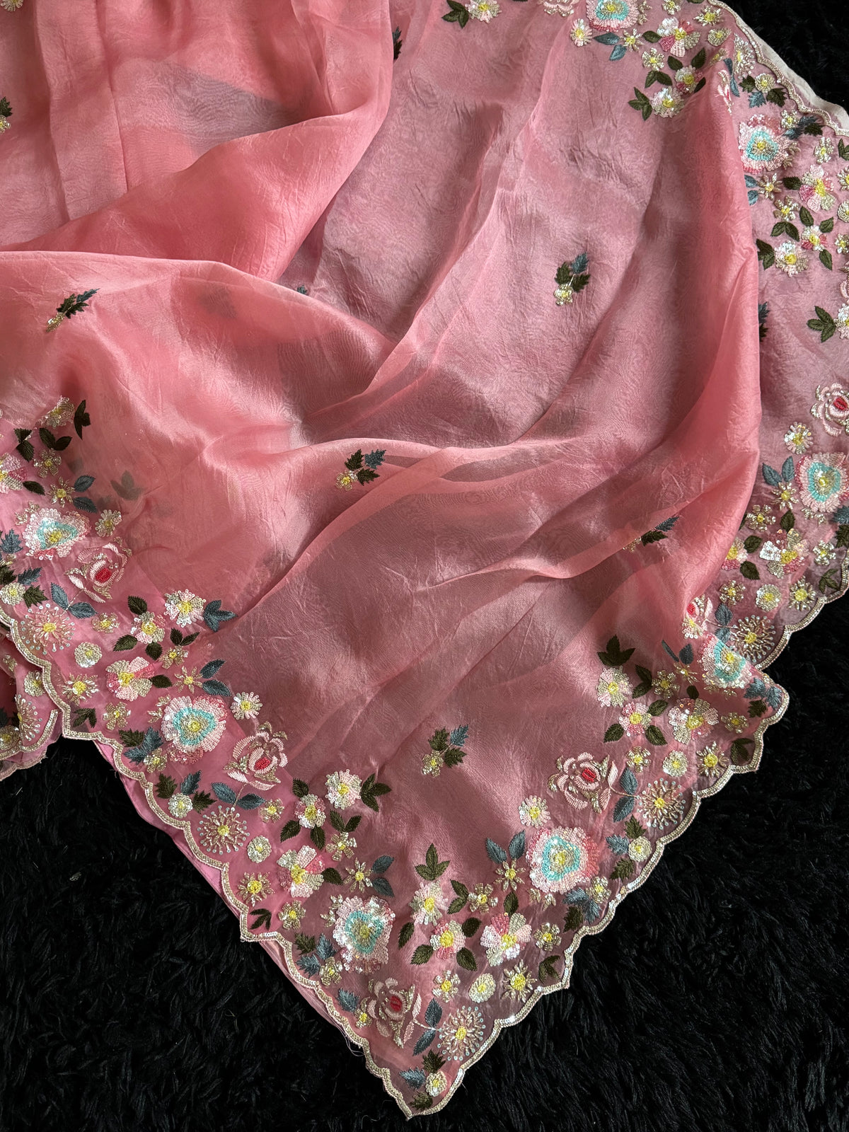 Peachy Pink Organza With Zardosi Embroidery