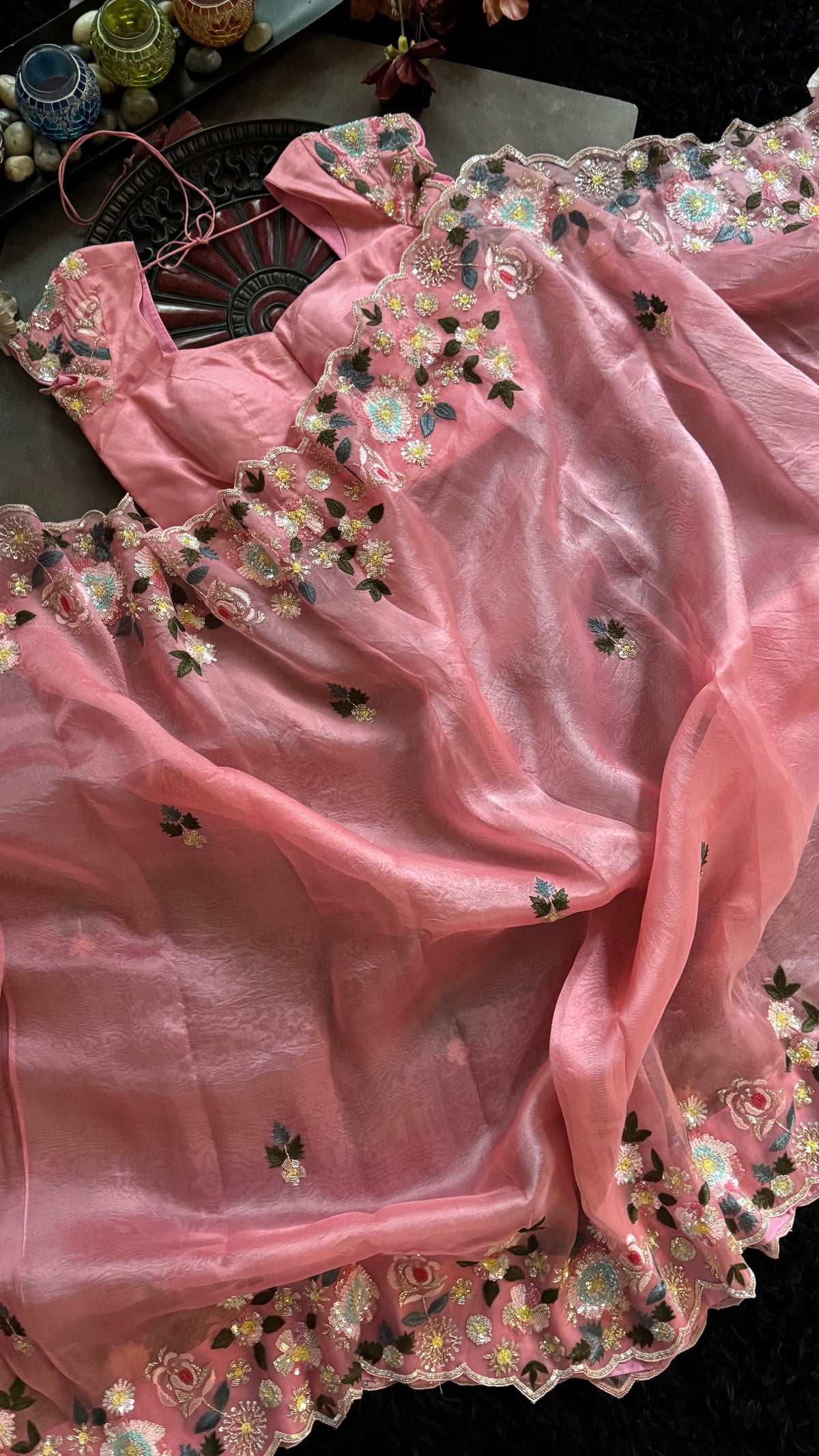 Peachy Pink Organza With Zardosi Embroidery