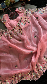 Peachy Pink Organza With Zardosi Embroidery