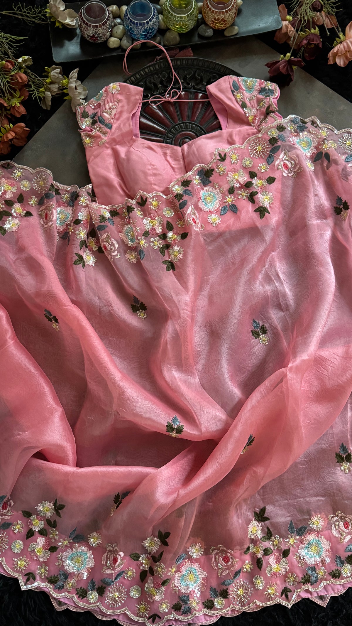 Peachy Pink Organza With Zardosi Embroidery
