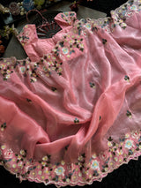 Peachy Pink Organza With Zardosi Embroidery