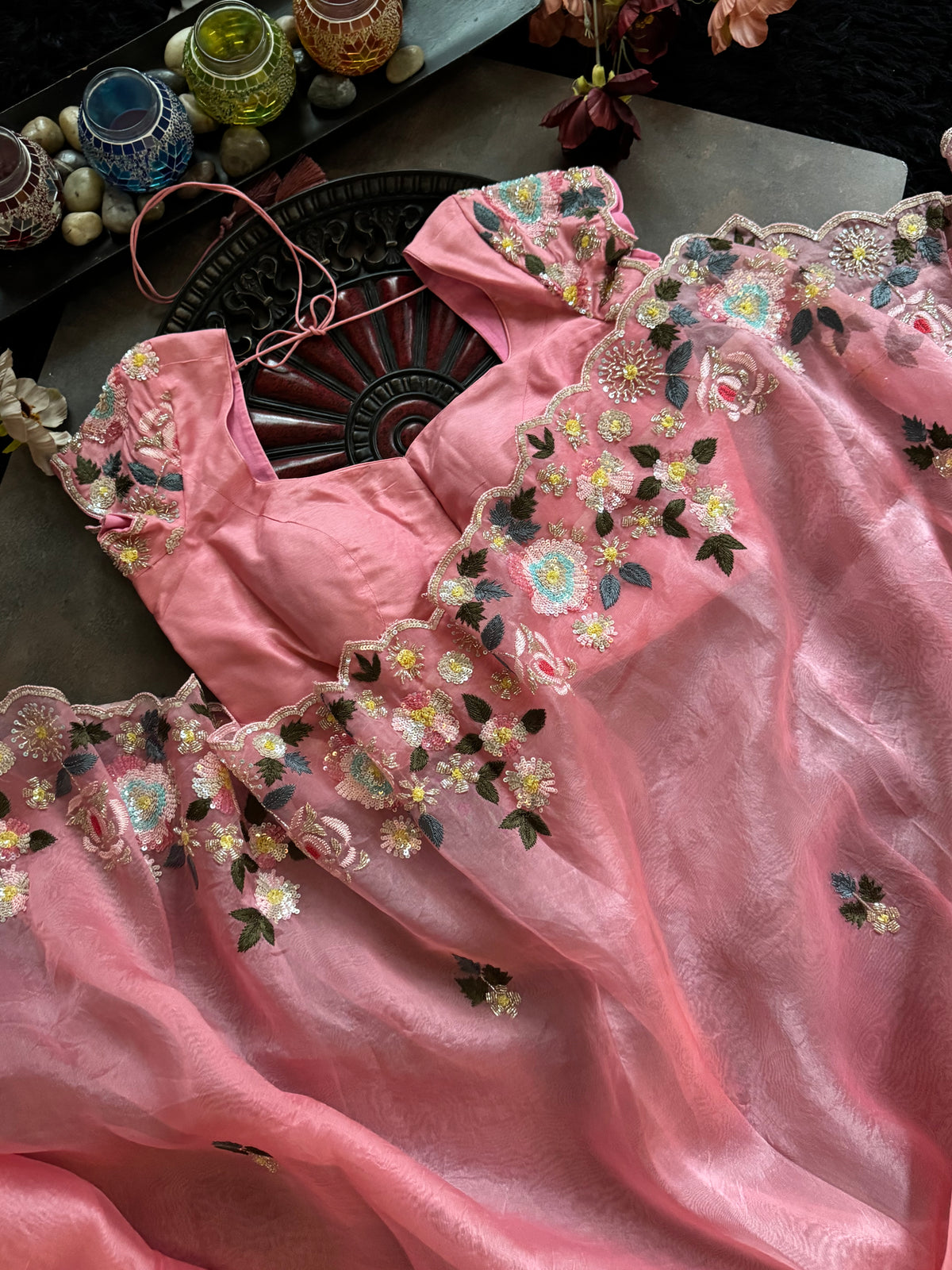 Peachy Pink Organza With Zardosi Embroidery