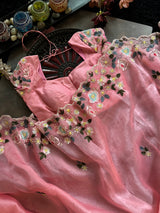 Peachy Pink Organza With Zardosi Embroidery