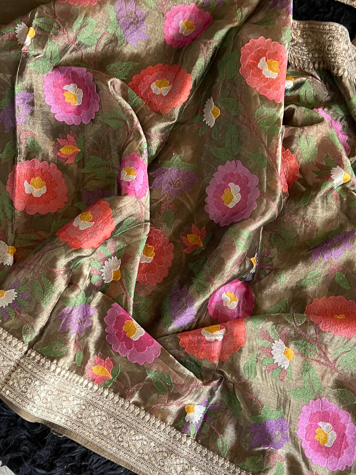 Henna Green Embroidered Floral Tissue Organza