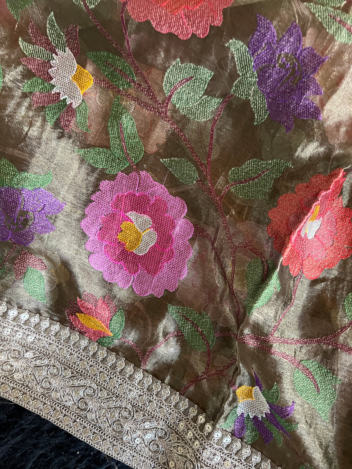 Henna Green Embroidered Floral Tissue Organza